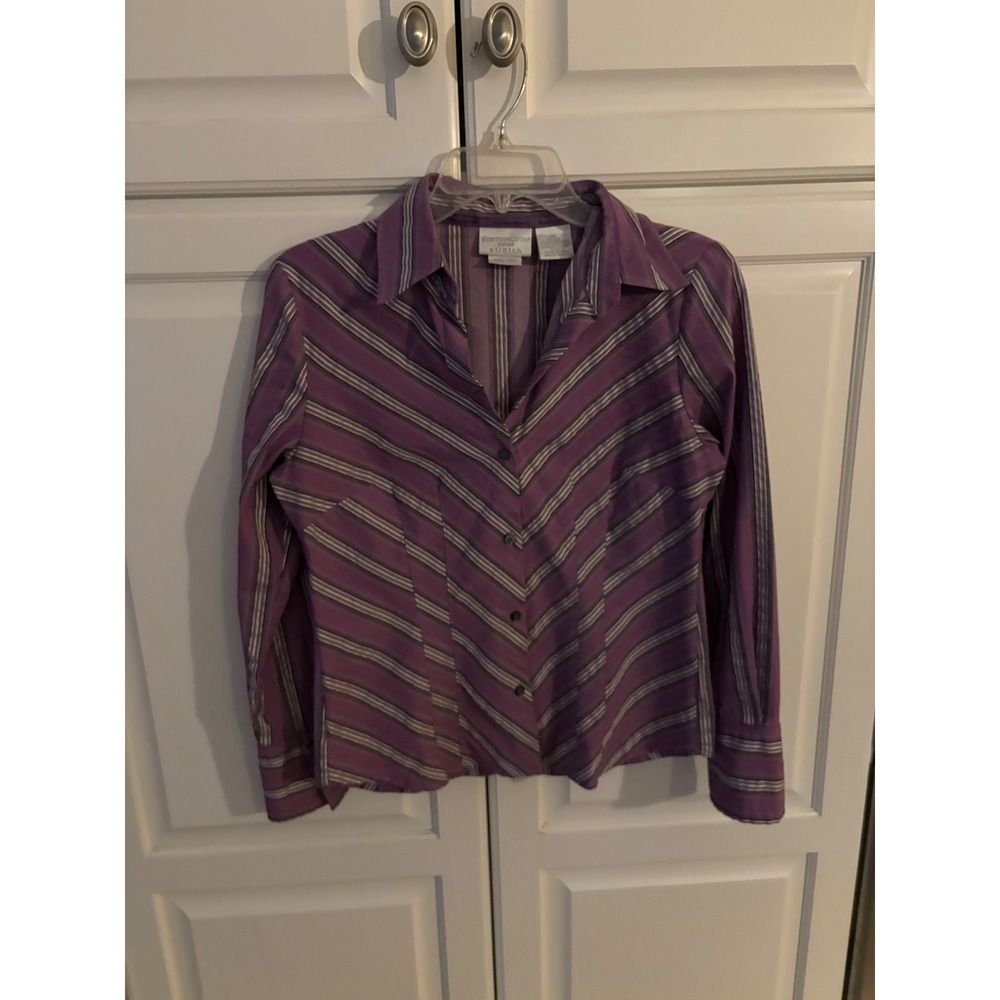 Worthington‎ Petite Stretch Purple Striped Button Down Shirt Blouse 6P Easy Care